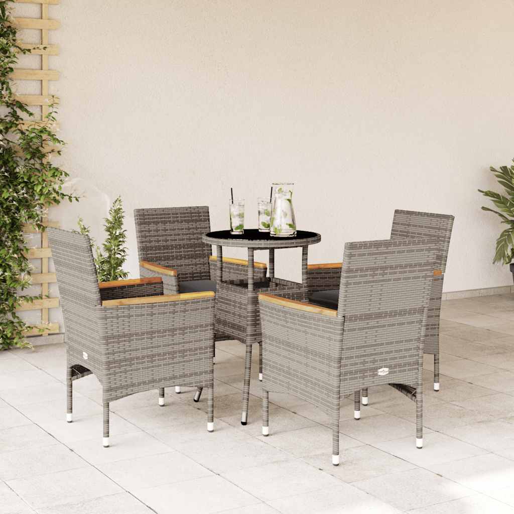 Spisebordssæt til haven - 5 dele i grå polyrattan med glasbord og hynder