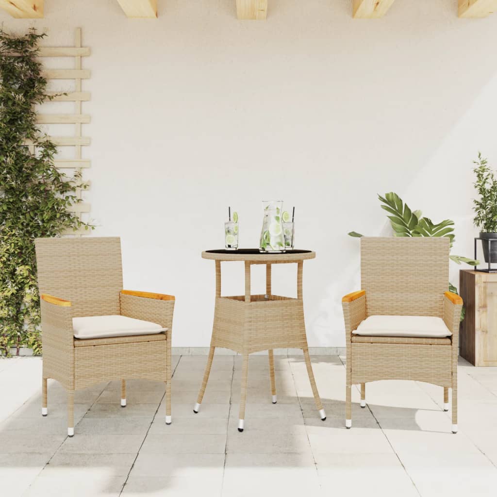 vidaXL 3-tlg. Garten-Essgruppe mit Kissen Beige Poly Rattan und Glas