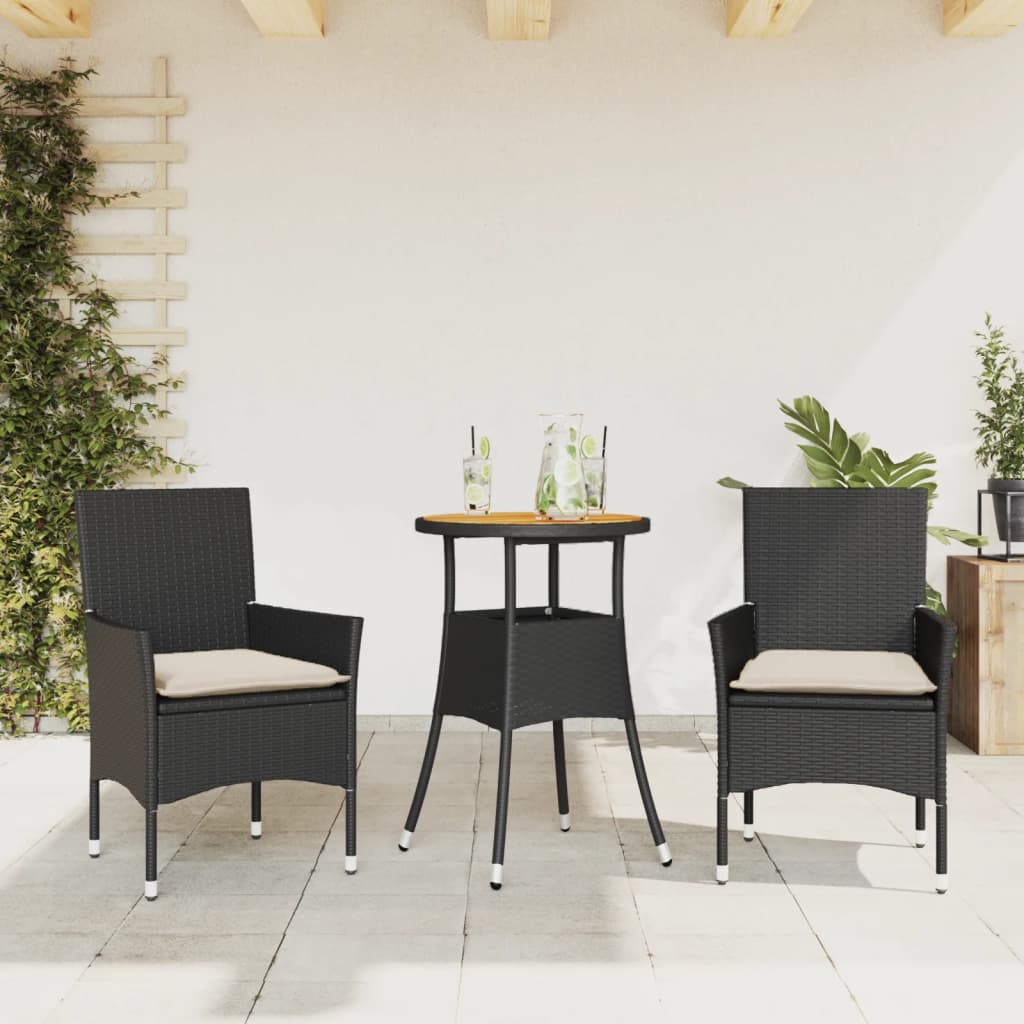 vidaXL 3-tlg. Garten-Essgruppe mit Kissen Schwarz Poly Rattan Akazie