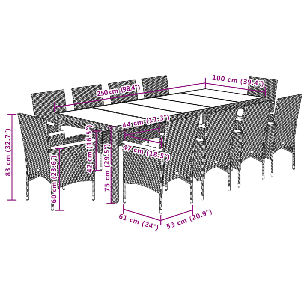 imagem de vidaXL 11 pcs conjunto jantar jardim c/ almofadões vime PE/vidro preto8