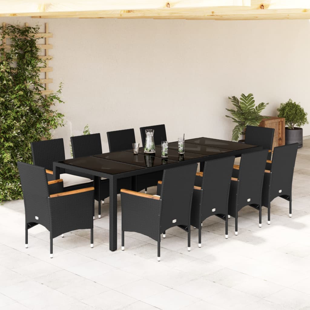 vidaXL 11-tlg. Garten-Essgruppe mit Kissen Schwarz Poly Rattan Glas