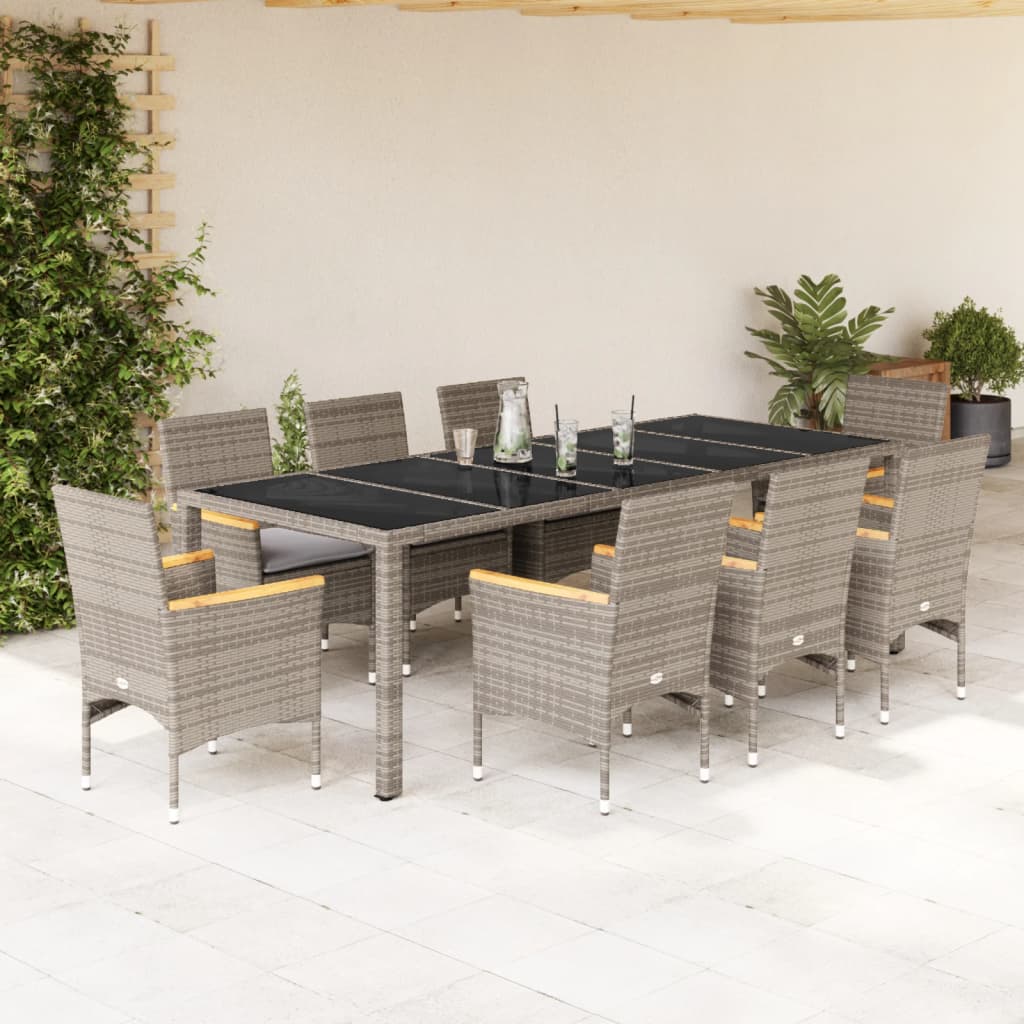 vidaXL 9-tlg. Garten-Essgruppe mit Kissen Grau Poly Rattan und Glas