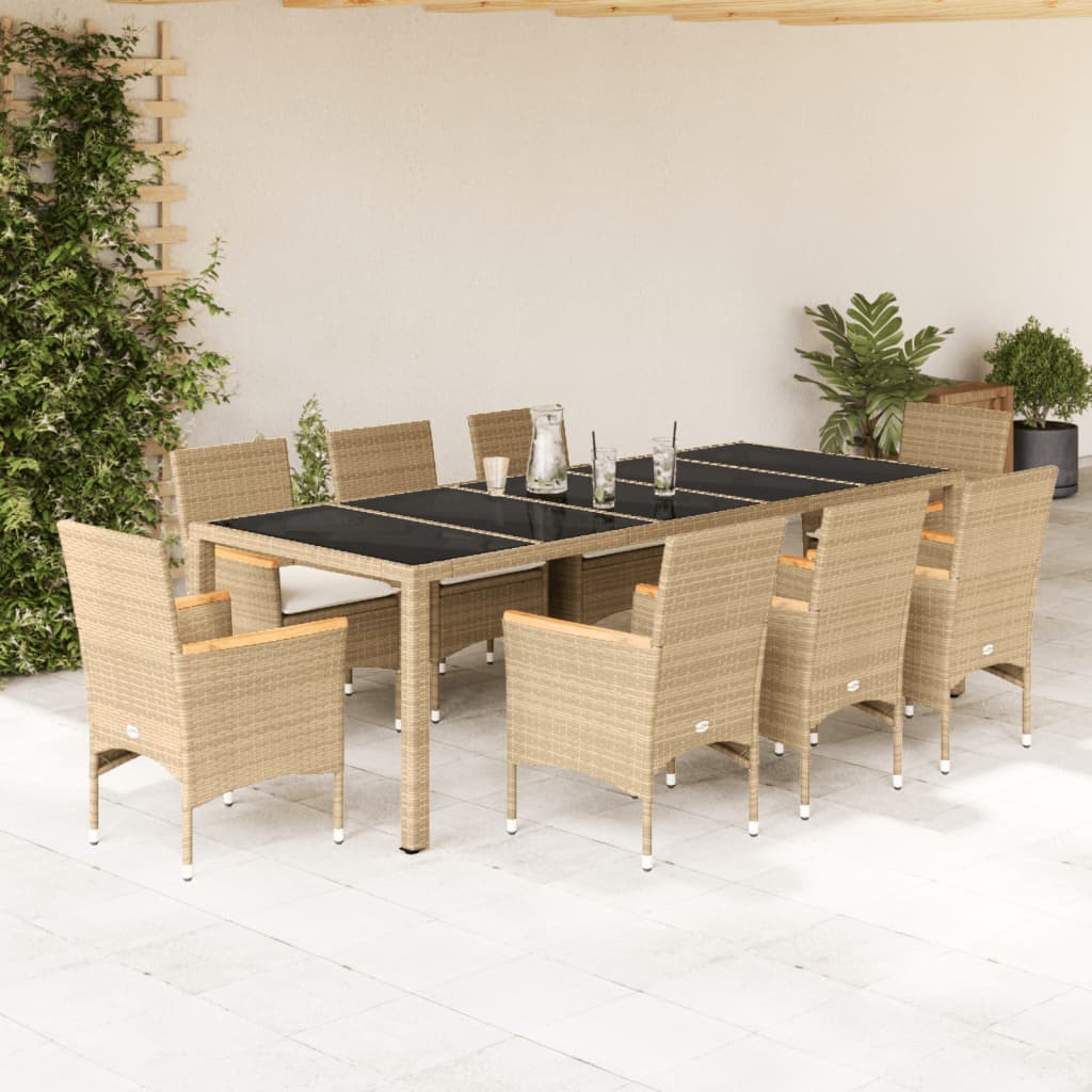Spisebordssæt Til Haven 11 Dele Med Hynder Polyrattan Og Glas - 8 / Beige