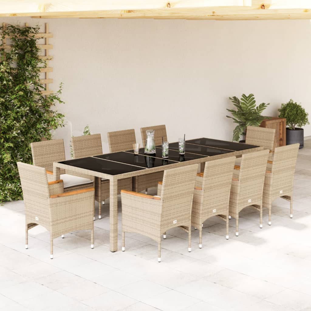 vidaXL 11-tlg. Garten-Essgruppe mit Kissen Beige Poly Rattan und Glas