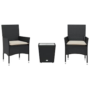 3dílný bistro set s poduškami černý polyratan a sklo - obrázek 2