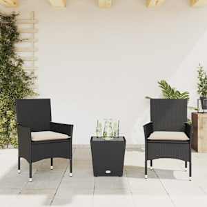 3dílný bistro set s poduškami černý polyratan a sklo - obrázek 1