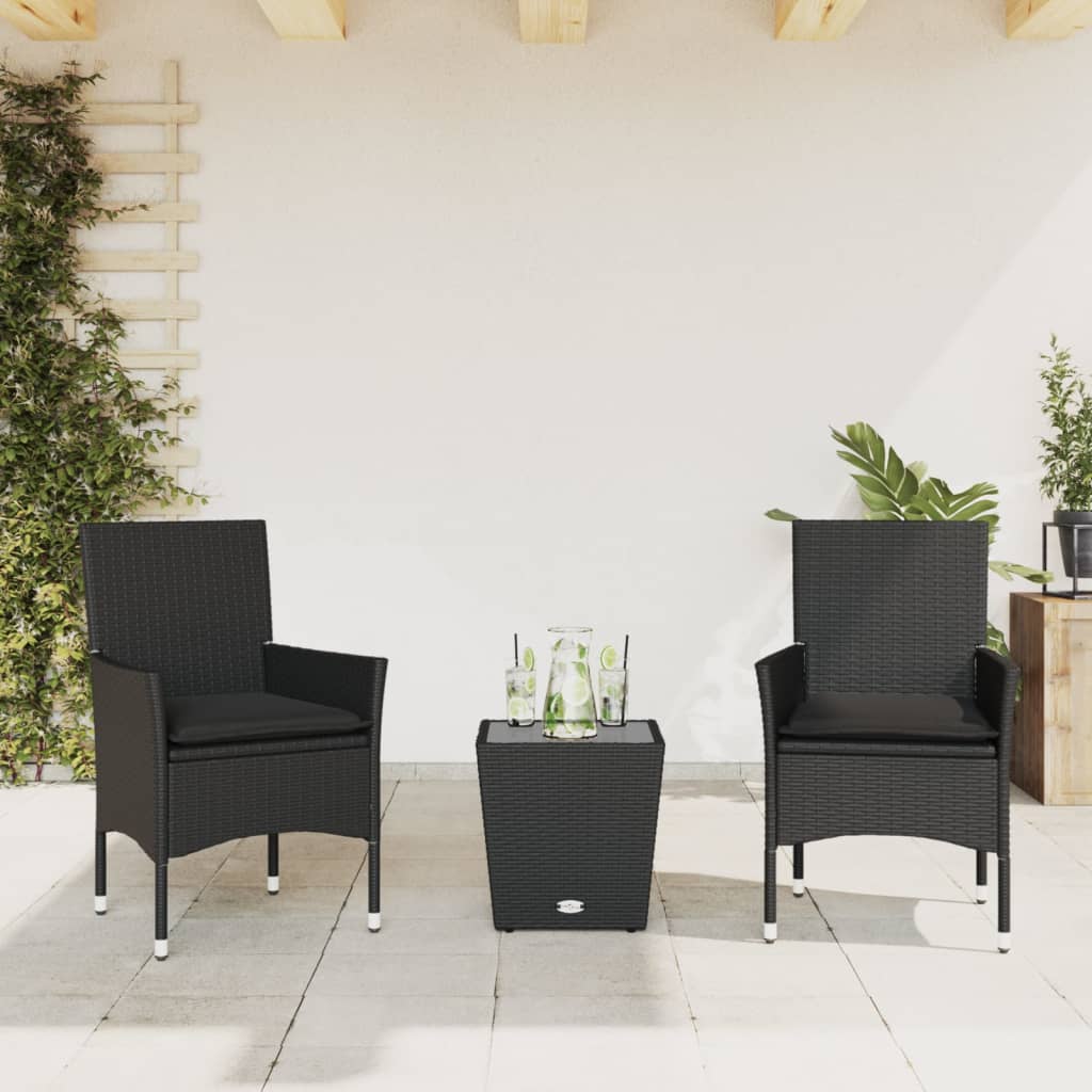 vidaXL 3-tlg. Bistro-Set mit Kissen Schwarz Poly Rattan und Glas