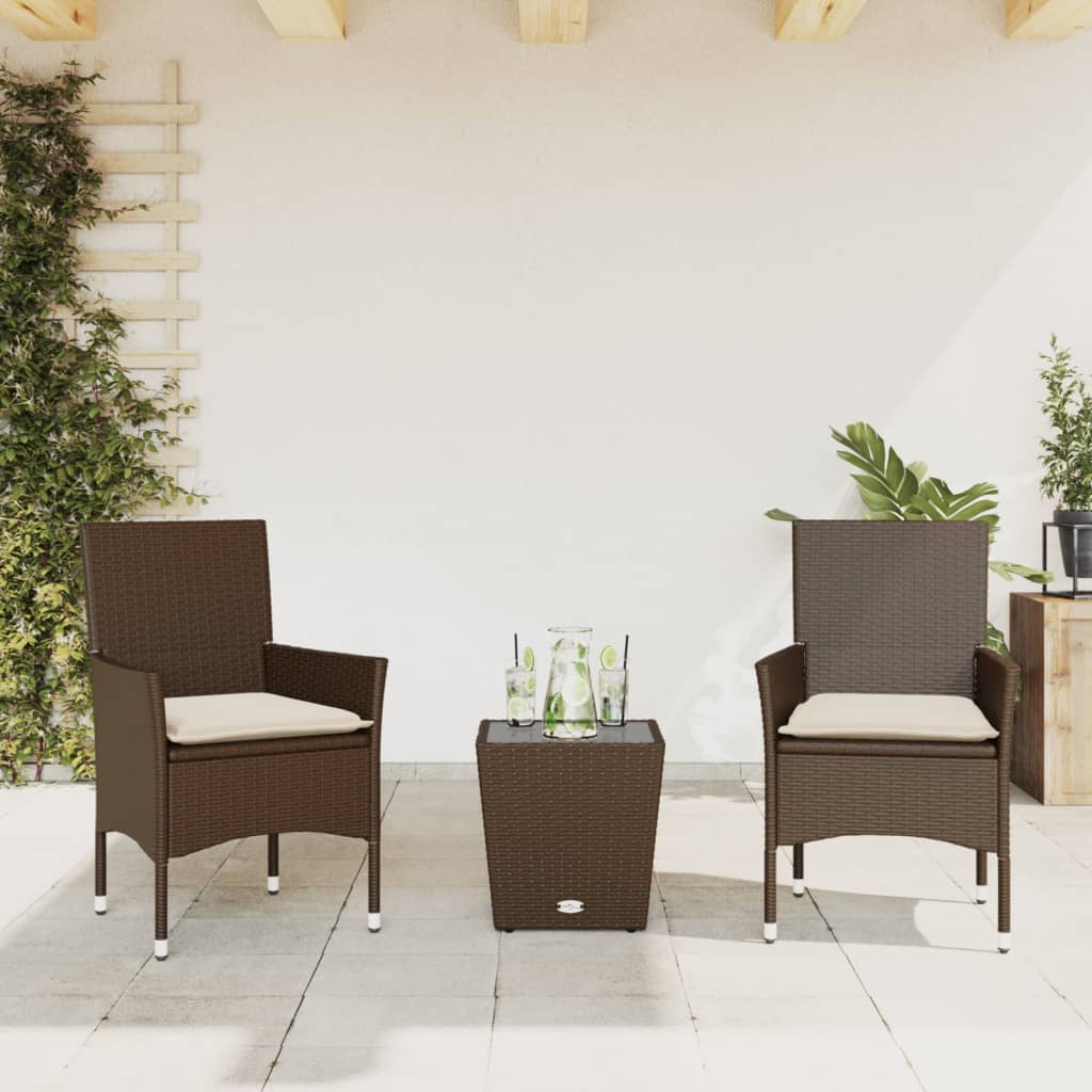 vidaXL 3-tlg. Bistro-Set mit Kissen Braun Poly Rattan und Glas