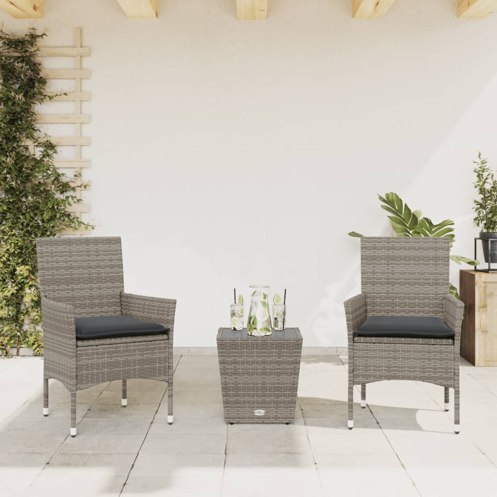 vidaXL 3-tlg. Bistro-Set mit Kissen Grau Poly Rattan und Glas