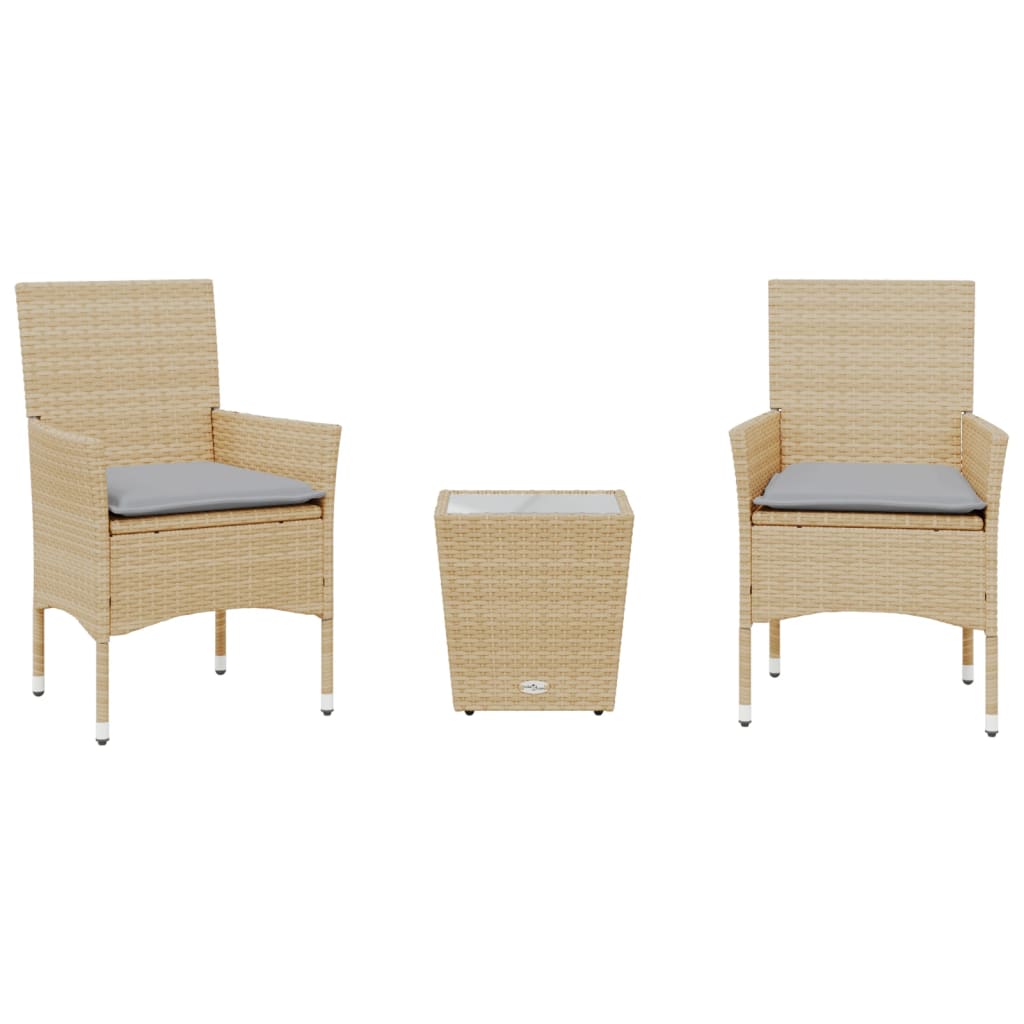 Thumbnail - vidaXL 3-tlg. Bistro-Set mit Kissen Beige Poly Rattan und Glas