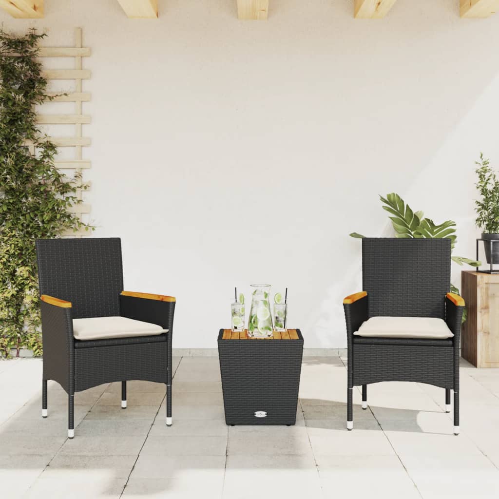 vidaXL 3-tlg. Bistro-Set mit Kissen Schwarz Poly Rattan und Glas