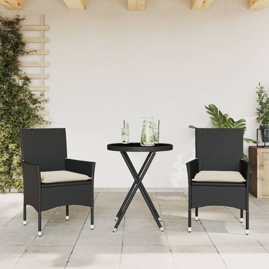 VIDAXL 3-delige Bistroset met kussens poly rattan en glas zwart