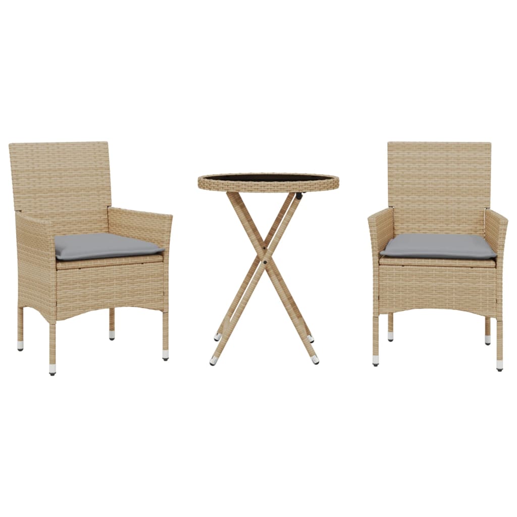 Thumbnail - vidaXL 3-tlg. Bistro-Set mit Kissen Beige Poly Rattan und Glas
