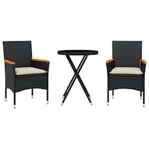 vidaXL 3-osaline bistrookomplekt patjadega, must, pol&uuml;rotang ja klaas
