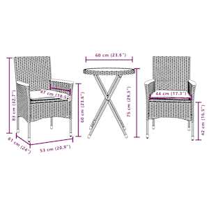3dílný bistro set s poduškami černý polyratan a sklo - obrázek 7
