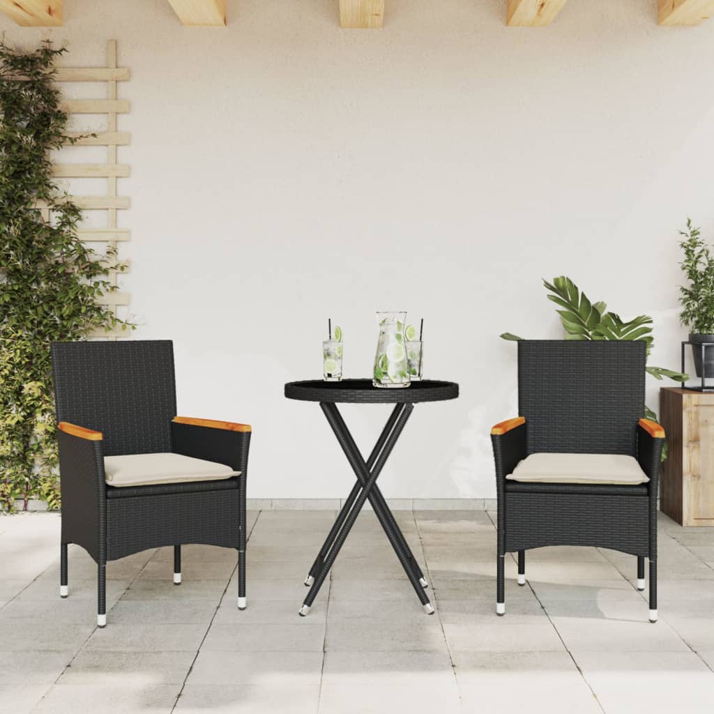 vidaXL 3-tlg. Bistro-Set mit Kissen Schwarz Poly Rattan und Glas