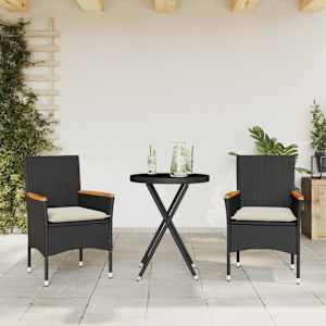 3dílný bistro set s poduškami černý polyratan a sklo - obrázek 1