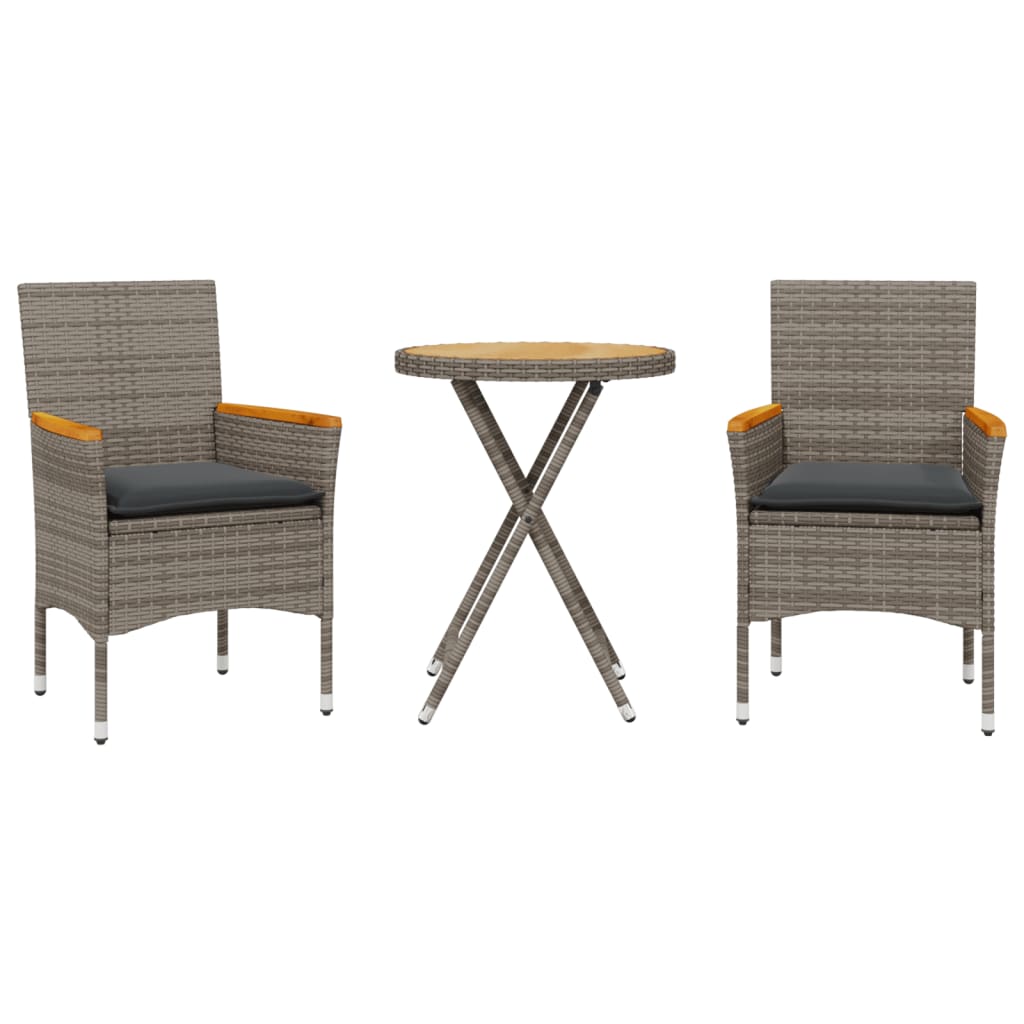 vidaXL 3dílný bistro set s poduškami šedý polyratan a akácie
