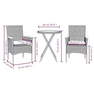 3dílný bistro set s poduškami šedý polyratan a akácie - obrázek 7