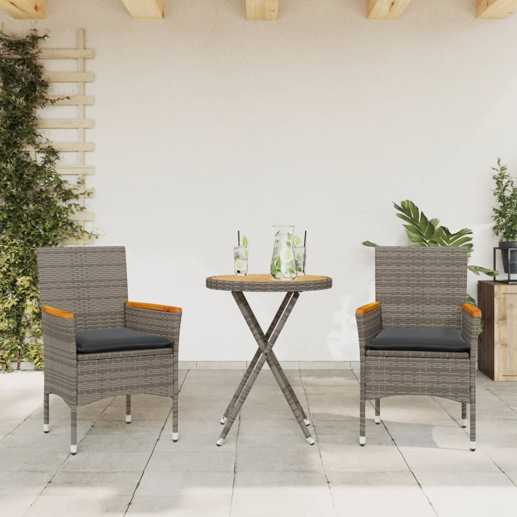 vidaXL 3-tlg. Bistro-Set mit Kissen Grau Poly Rattan & Akazienholz