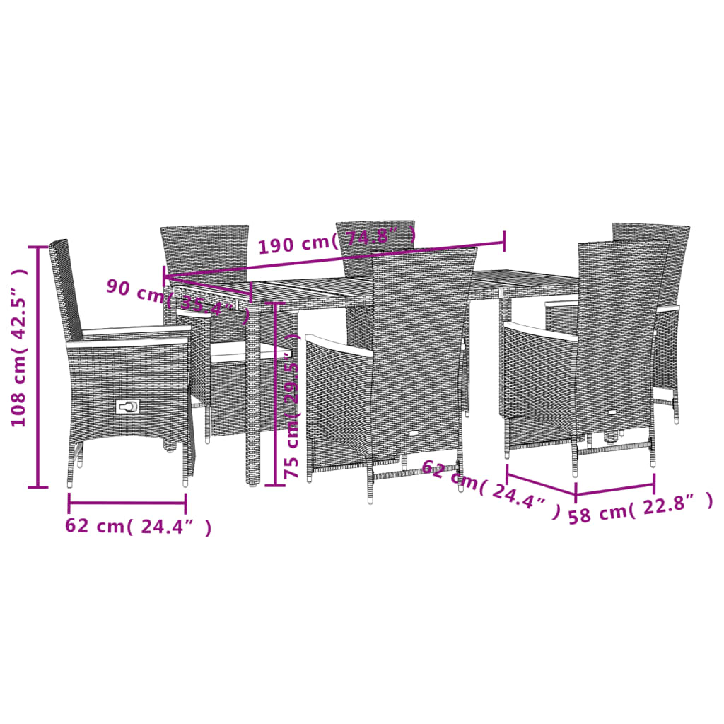 imagem de vidaXL 7 pcs conjunto de jantar p/ jardim c/ almofadões vime PE preto6