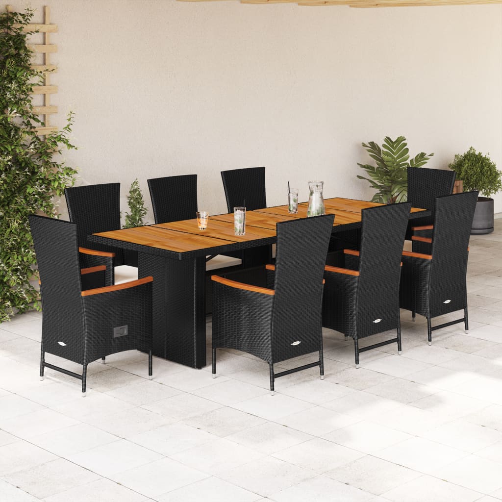 vidaXL 9-tlg. Garten-Essgruppe mit Kissen Schwarz Poly Rattan