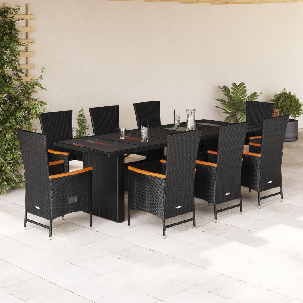 9-tlg. Garten-Essgruppe mit Kissen Schwarz Poly Rattan