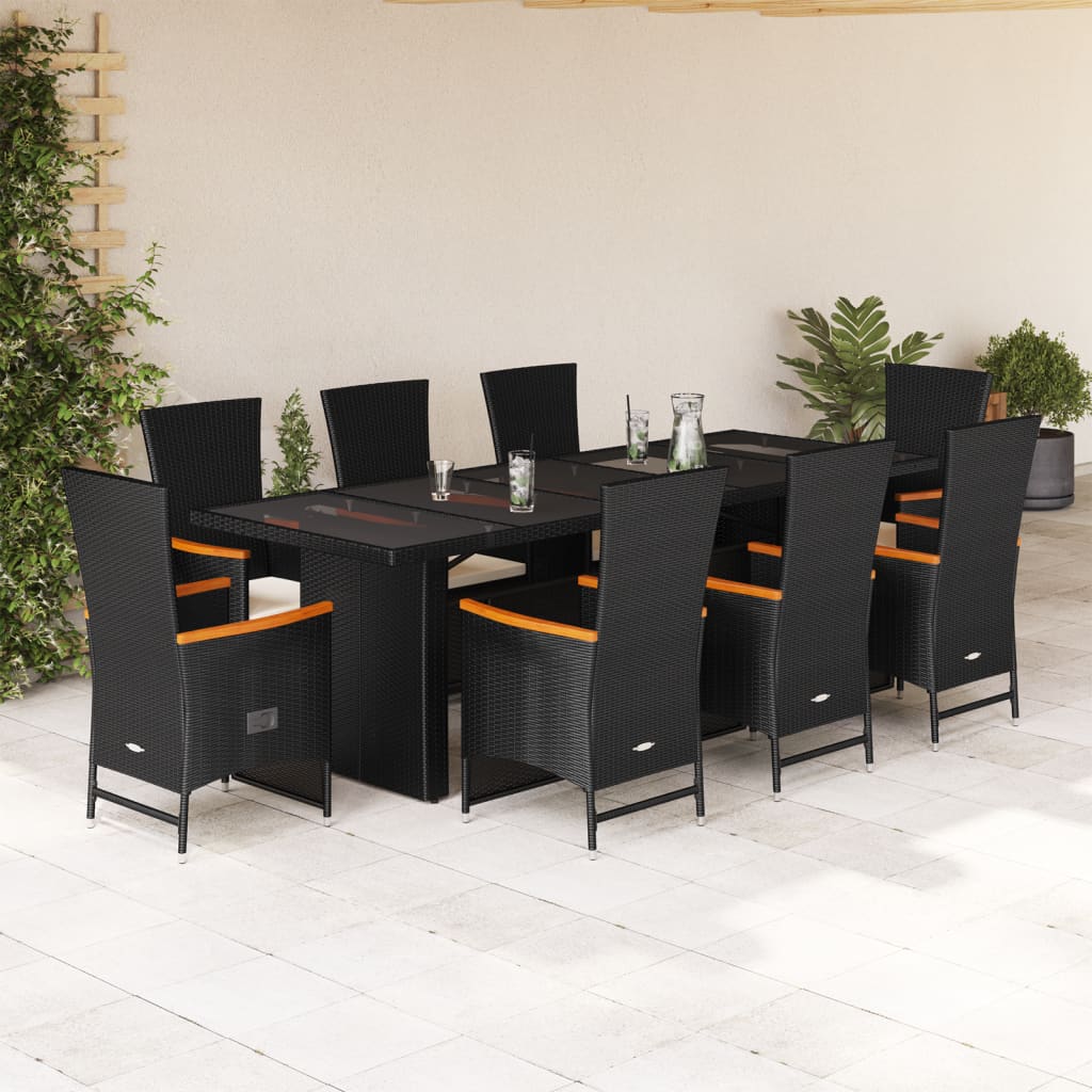 imagem de vidaXL 9 pcs conjunto de jantar p/ jardim c/ almofadões vime PE preto1