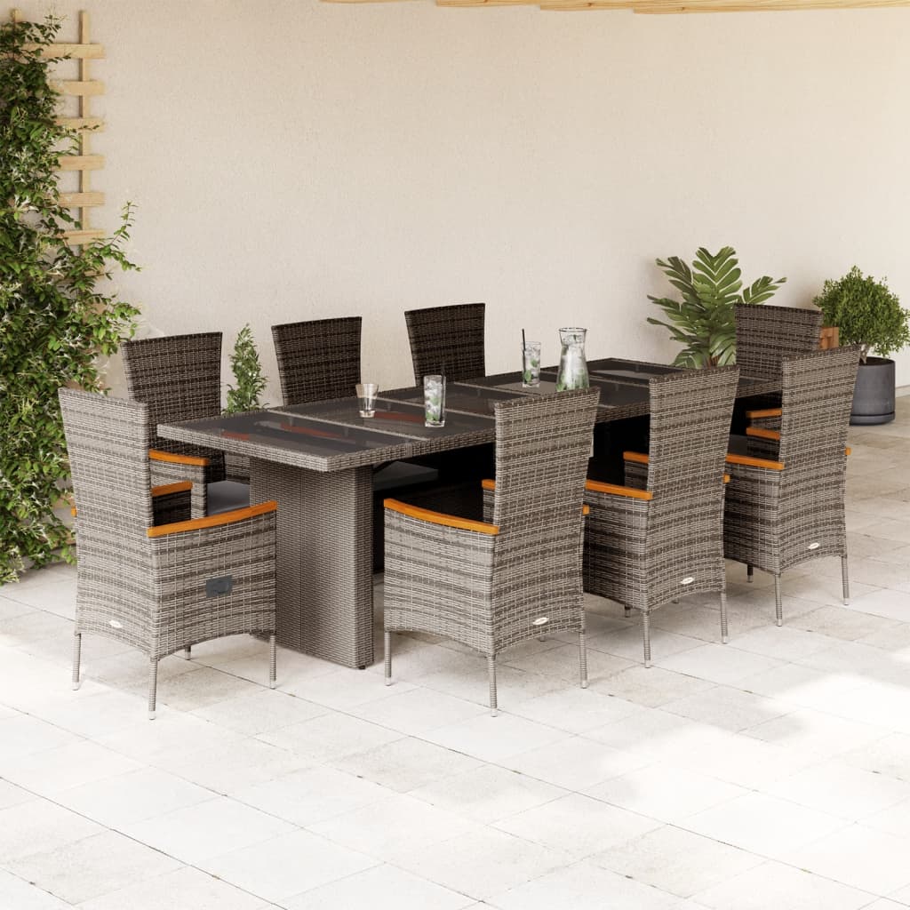 vidaXL 9-tlg. Garten-Essgruppe mit Kissen Grau Poly Rattan