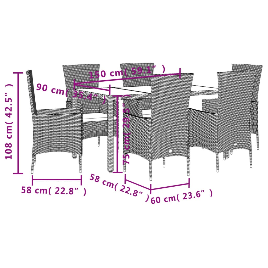 imagem de vidaXL 7 pcs conjunto de jantar p/ jardim com almofadões vime PE bege6