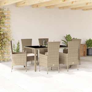 Vrtna jedilna garnitura 7-delna z blazinami bež poli ratan