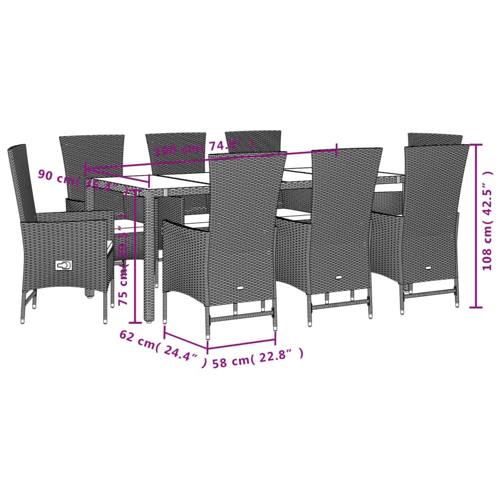 imagem de vidaXL 9 pcs conjunto de jantar p/ jardim com almofadões vime PE bege6