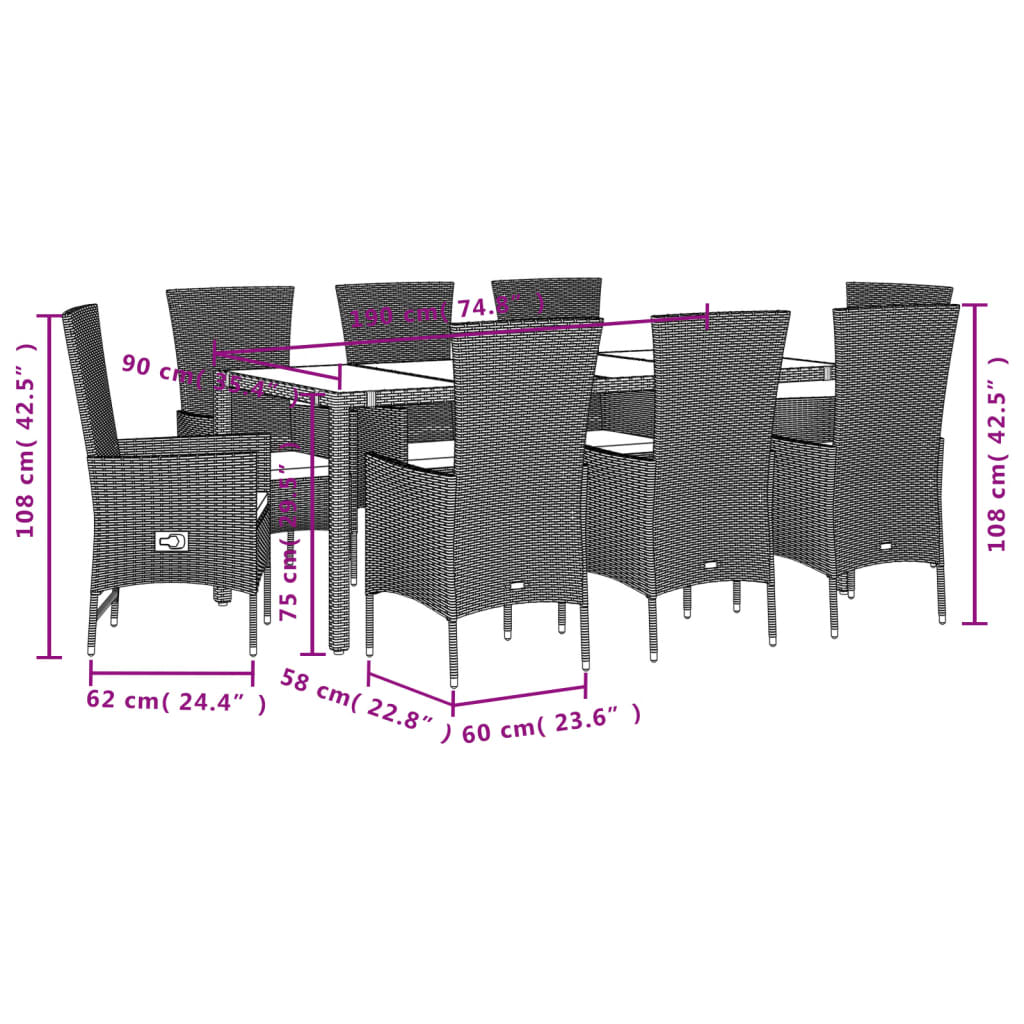 imagem de vidaXL 9 pcs conjunto de jantar p/ jardim com almofadões vime PE bege6