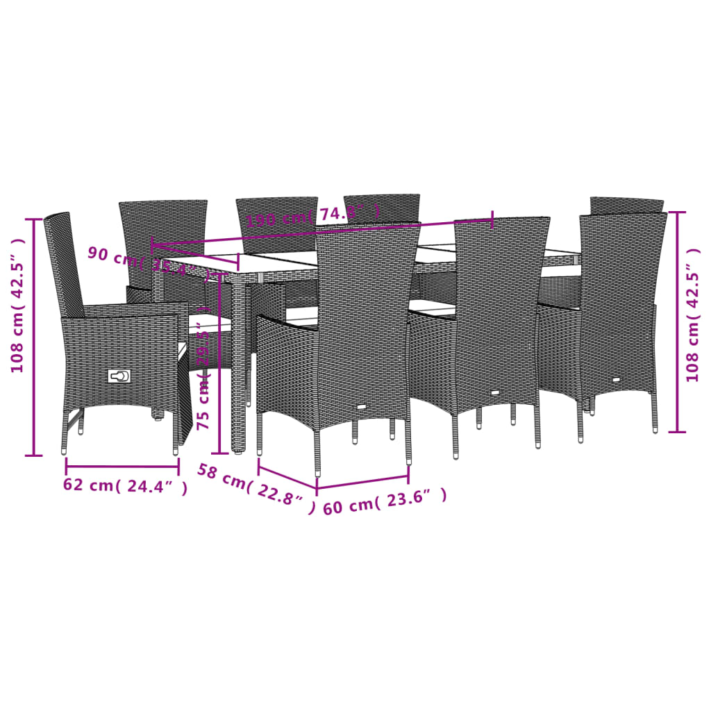 imagem de vidaXL 9 pcs conjunto de jantar p/ jardim com almofadões vime PE bege6