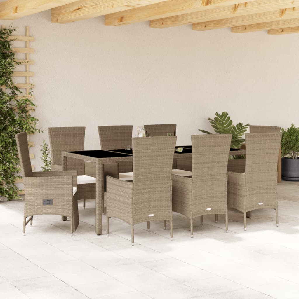 vidaXL 9-tlg. Garten-Essgruppe mit Kissen Beige Poly Rattan