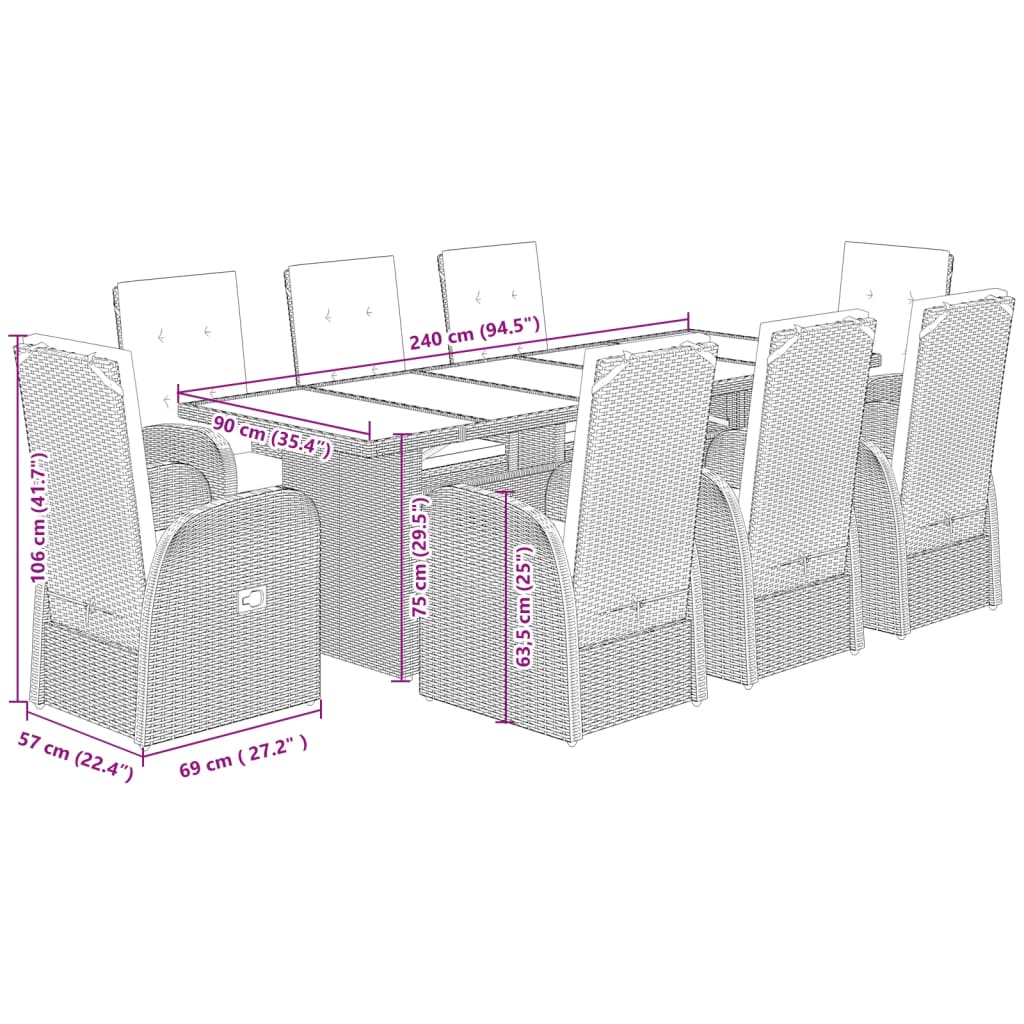 imagem de vidaXL 9 pcs conjunto de jantar p/ jardim c/ almofadões vime PE cinza11