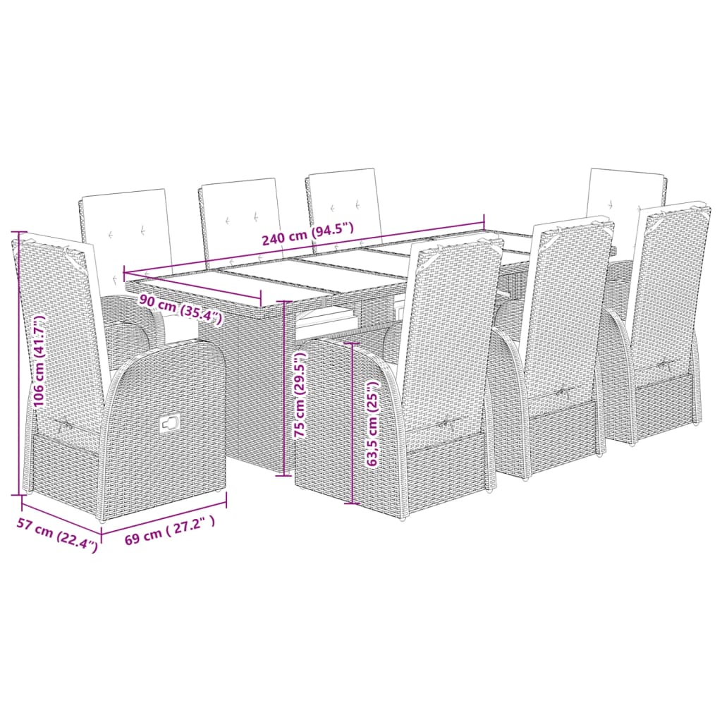 imagem de vidaXL 9 pcs conjunto de jantar p/ jardim c/ almofadões vime PE cinza8