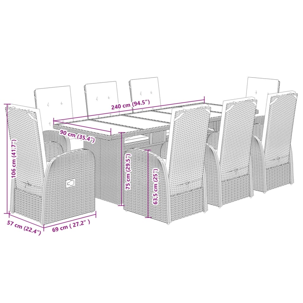 imagem de vidaXL 9 pcs conjunto de jantar p/ jardim c/ almofadões vime PE cinza9