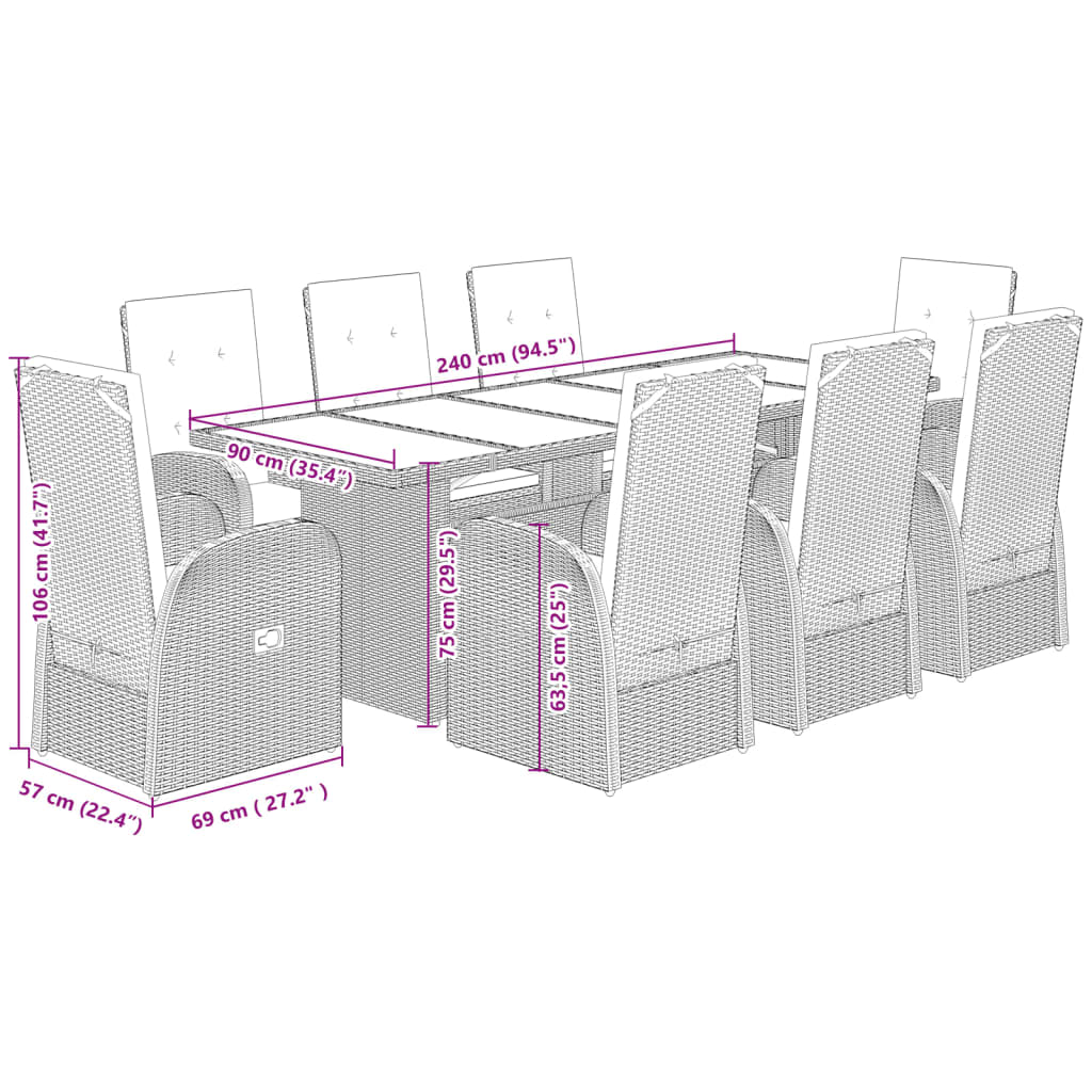 imagem de vidaXL 9 pcs conjunto de jantar p/ jardim c/ almofadões vime PE cinza8