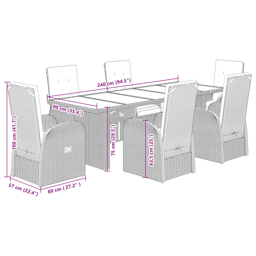 imagem de vidaXL 7 pcs conjunto de jantar p/ jardim c/ almofadões vime PE cinza8