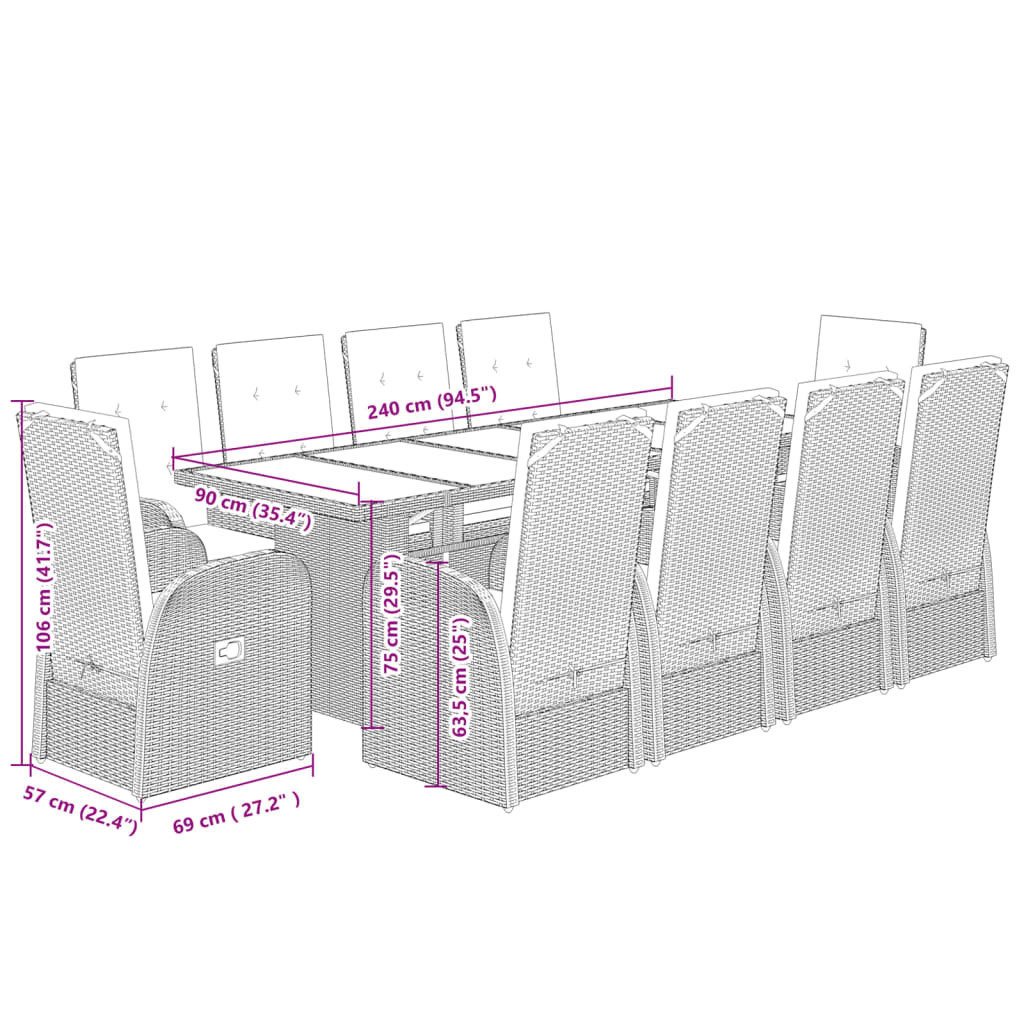 imagem de vidaXL 9 pcs conjunto de jantar p/ jardim c/ almofadões vime PE cinza9