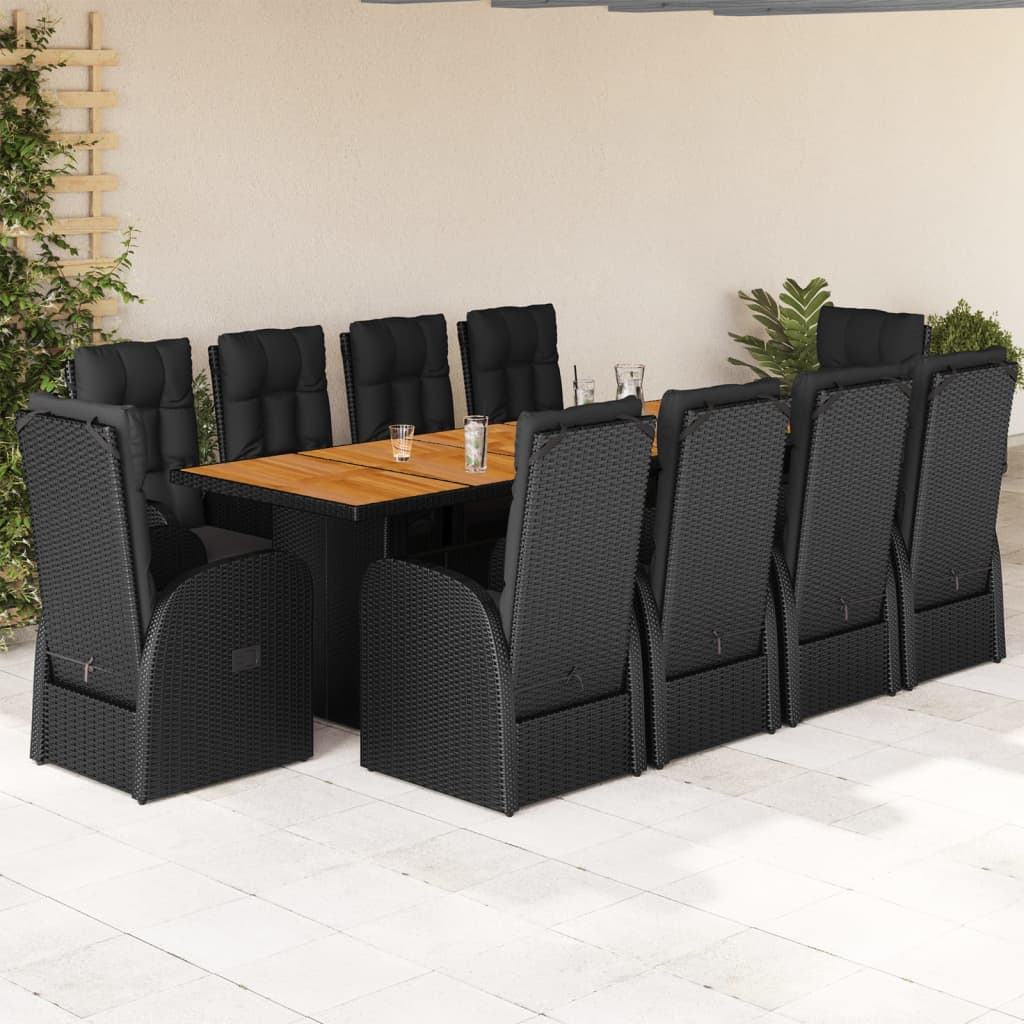 vidaXL 11 Piece Garden Dining Set with Cushions Black Poly Rattan