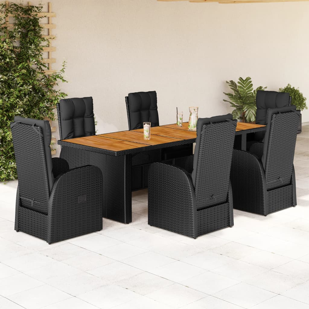 vidaXL 7-tlg. Garten-Essgruppe mit Kissen Schwarz Poly Rattan