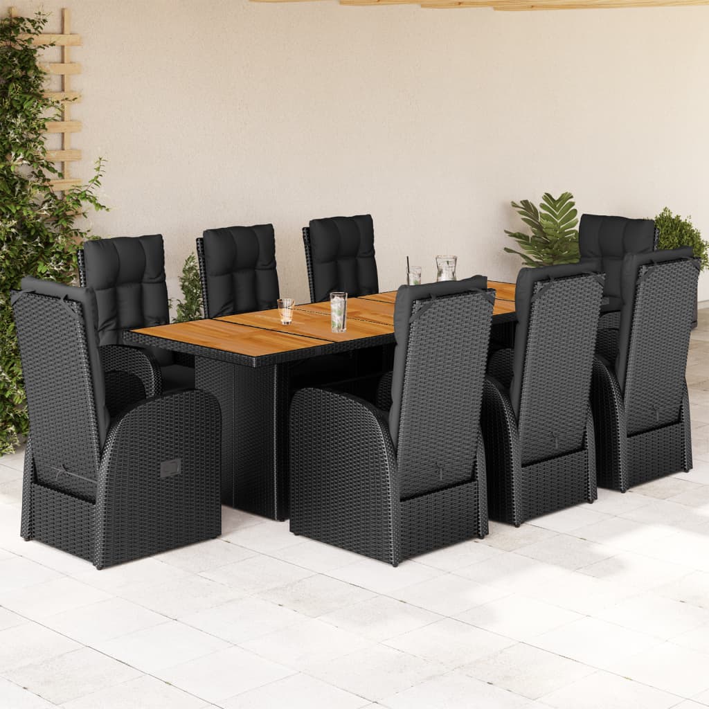 vidaXL 9-tlg. Garten-Essgruppe mit Kissen Schwarz Poly Rattan