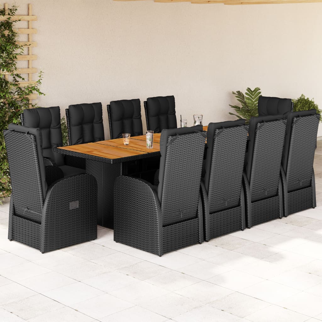 vidaXL 11 Piece Garden Dining Set with Cushions Black Poly Rattan