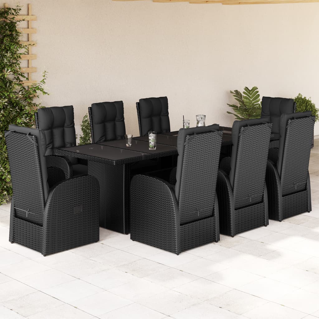 vidaXL 9 Piece Garden Dining Set with Cushions Black Poly Rattan