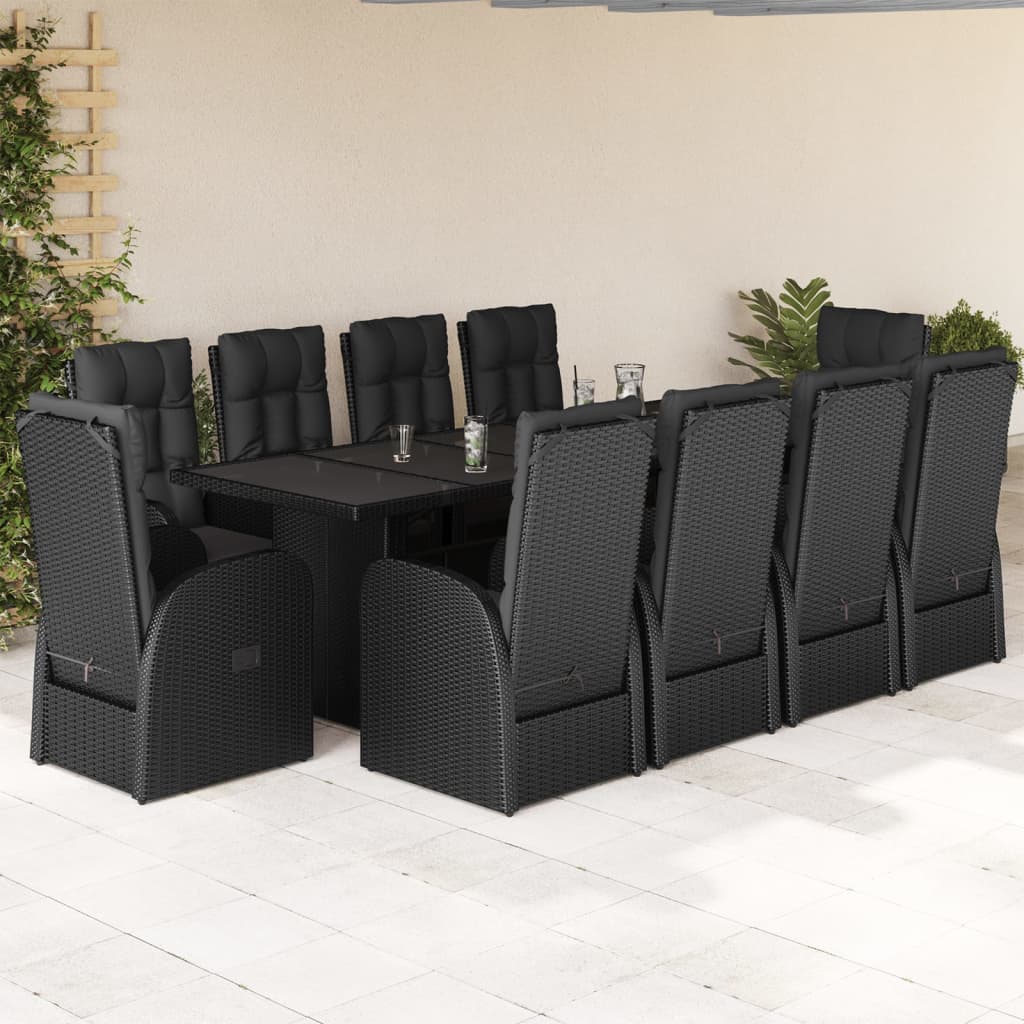 vidaXL 11 Piece Garden Dining Set with Cushions Black Poly Rattan