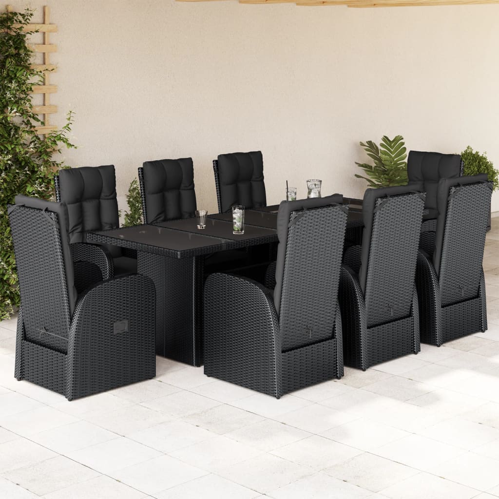 vidaXL 9 Piece Garden Dining Set with Cushions Black Poly Rattan