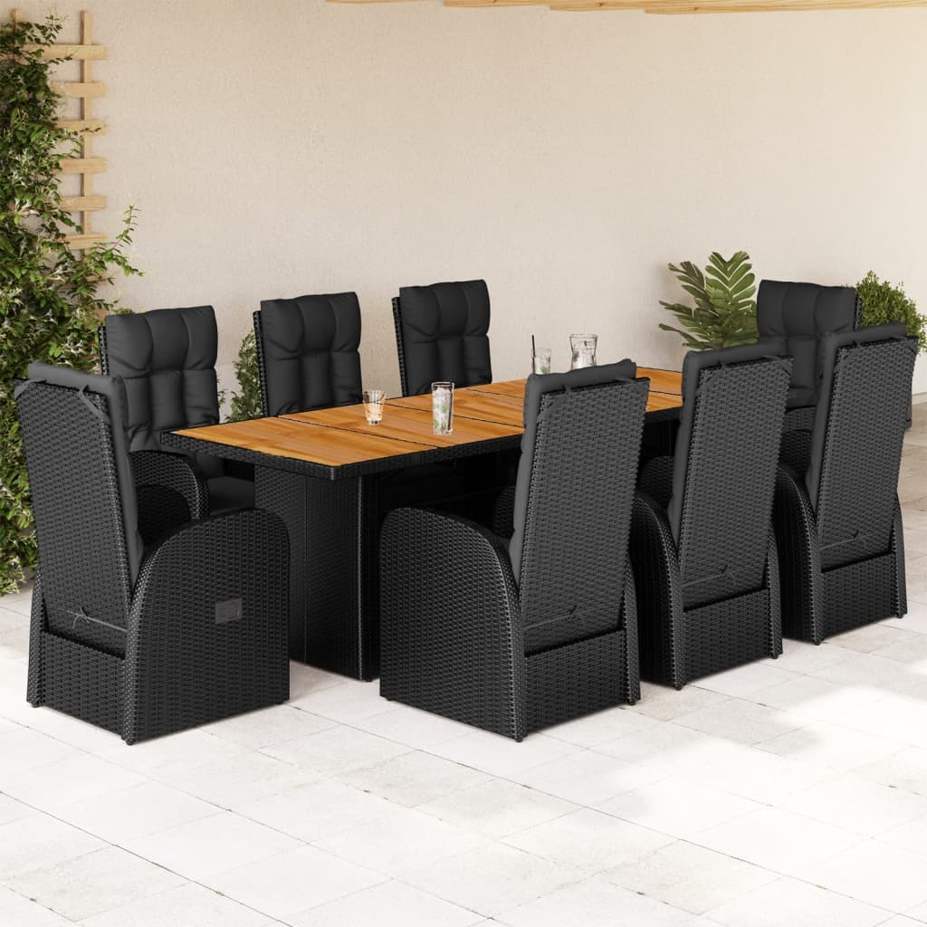 vidaXL 9-tlg. Garten-Essgruppe mit Kissen Schwarz Poly Rattan