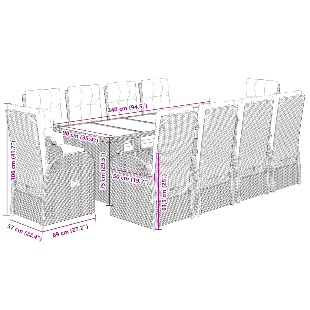 imagem de vidaXL 11 pcs conjunto de jantar p/ jardim c/ almofadões vime PE preto8